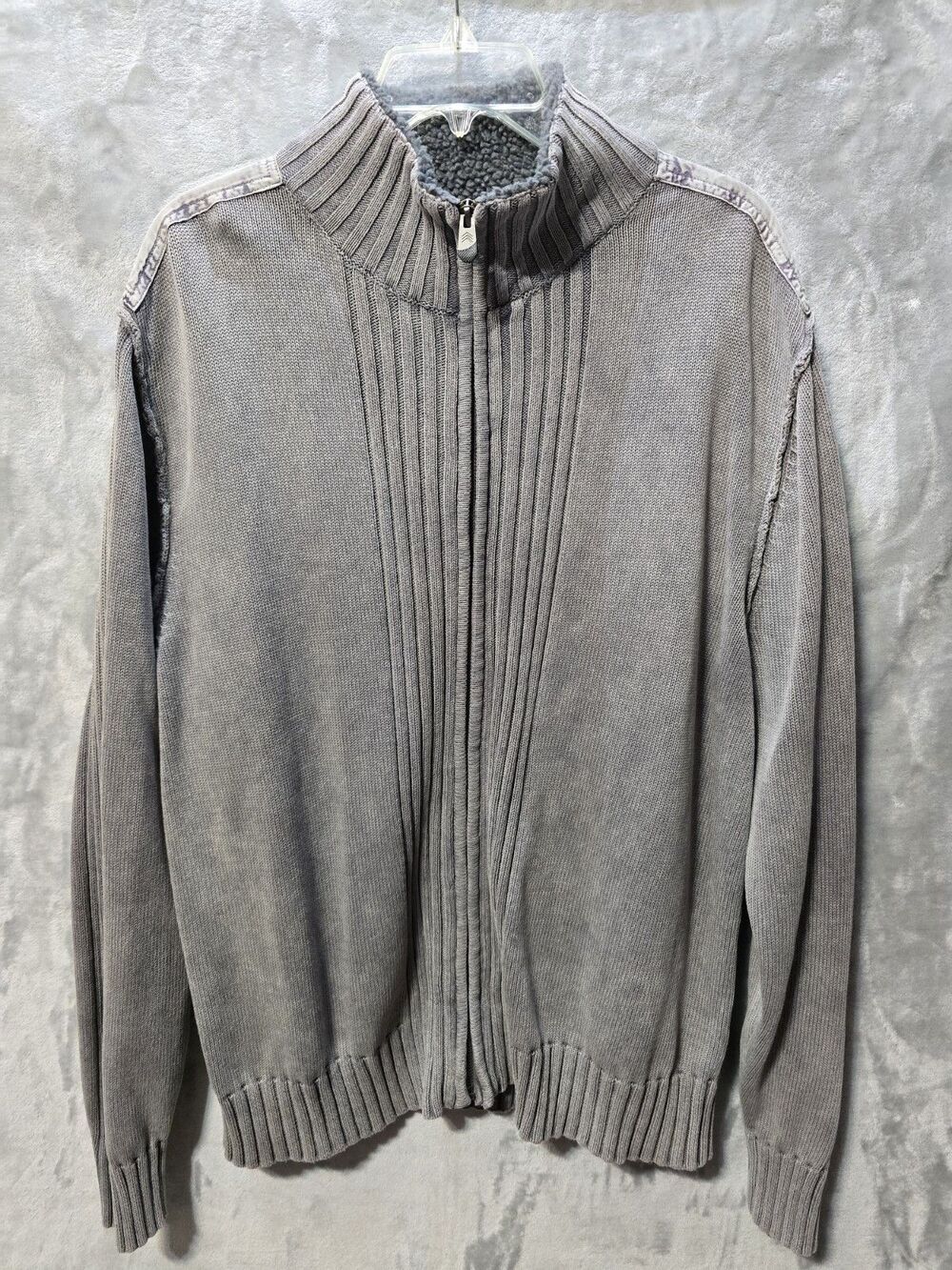 Solaris Sweater Cardigan Full Zip Mens XL Gray Faux Fur Collar  100% Cotton